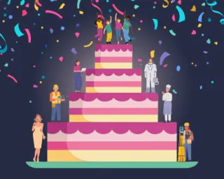 The Spark Magazine - Issue 29. A graphic of a four tiered cake with children at the top and people representing different STEM careers on each tier down