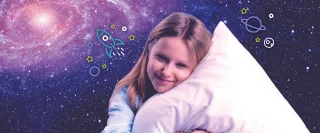 A girl holds a pillow to her head. In the background there is a starry galaxy spiral.