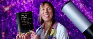 Prof Catherine Heymans holding up her book 