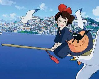Kiki on flying broom stick 