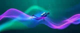 Science Lates - Deep Dive. A scuba diver in the ocean following a purple wave trail