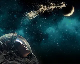 A young astronaut gazes up at the night sky to see Santa and his sleigh pulled by reindeer racing past the stars
