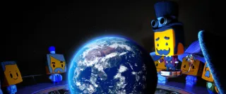 An animated humanoid looks down from space on planet Earth