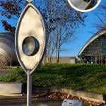 A sound exhibit to play with in front of Glasgow Science Centre.