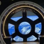 Scotland from space as viewed through an exhibit representing the ISS cupola