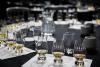 Lines of whisky-filled glasses sit on top of tables prior to the event.